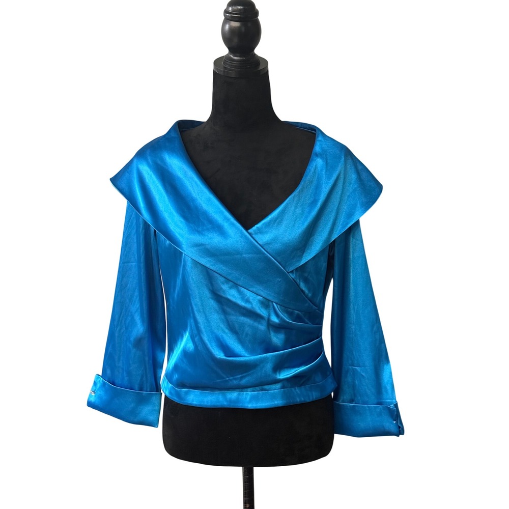 Metaphor Womens Turquoise Blue Satin Portrait Collar Wrap Blouse Top Size M